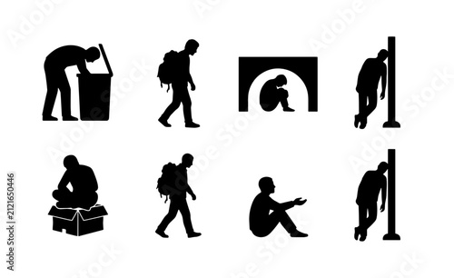 Canvas Print 70 Homelessness Icons Set, Poverty Silhouettes, Social Issues Vector Collection,