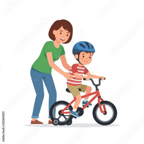 Mother teaching son to ride a bicycle