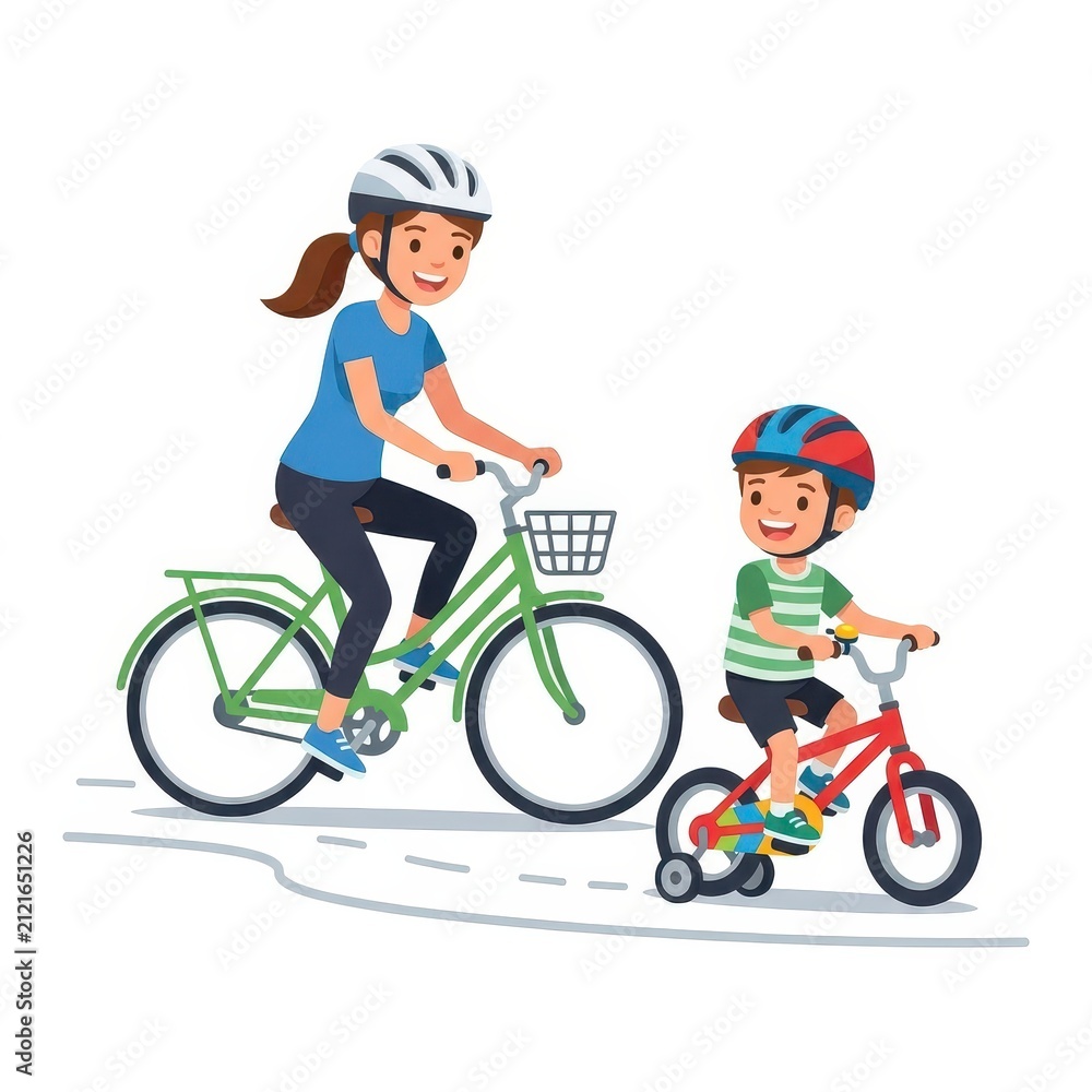 Fototapeta premium Mother and son cycling together wearing helmets