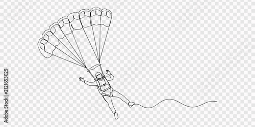 Obraz na płótnie Dynamic single line drawing of a parachutist descending with an open parachute, transparent background, Single one line drawing Army, Air Force and Navy