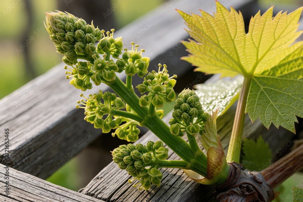 Obraz premium Young grape buds bloom on vine branch in vineyard during spring season. Small green flowers grow outdoors on wooden trellis under bright sunlight. Macro view shows fresh leaves, tender plant