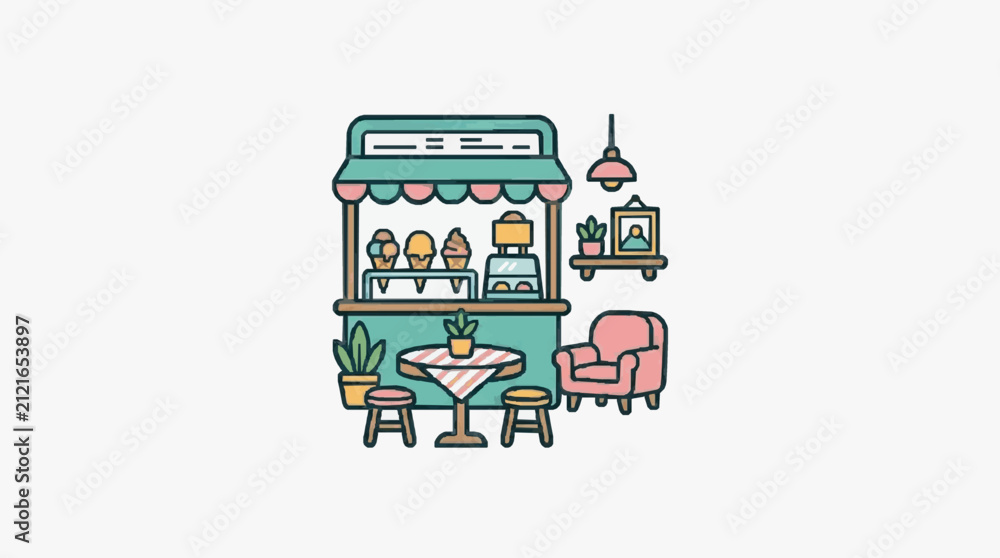 Naklejka premium Cartoon Food Stall with Happy Customers.