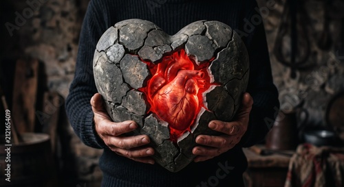 A conceptual image of male hands holding a heavy, broken stone heart shell, with a bright, beating anatomical heart glowing through the cracks. Symbolizes hidden emotions, vulnerability, emotional