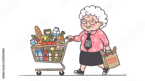 Canvastavla Elderly Woman Shopping: A cheerful elderly woman with glasses and curly hair pushes a full shopping cart overflowing with groceries, holding a shopping bag in her other hand