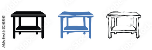 A collection of three distinct graphic representations of a small table, showcasing solid, colored, and hand-drawn artistic styles