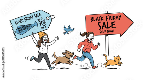 Fotografie Black Friday Frenzy: Two excited young women, accompanied by their pets, race towards a Black Friday Sale sign, eager to snag deals and discounts
