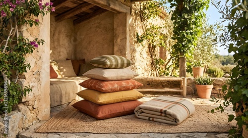 A stack of colorful decorative cushions resting on a rustic stone patio in a sunny mediterranean garden