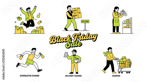 Fotografía Black Friday Shopping Frenzy: A collection of vibrant illustrations depict the excitement and rush of Black Friday, showcasing eager shoppers, delivery personnel