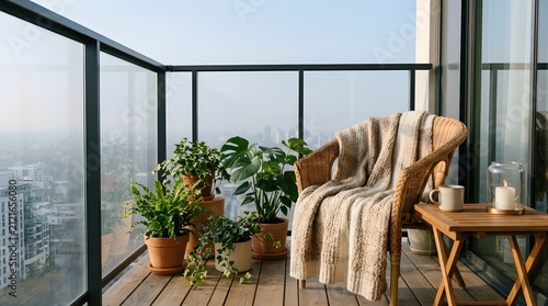 Cozy balcony with a wooden chair and potted plants overlooking a city skyline at sunset