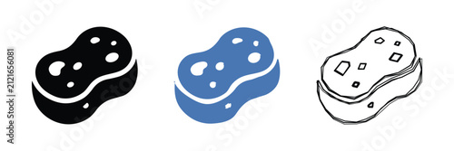 A collection of three distinct sponge graphics, including solid black, blue, and outline versions, representing cleaning tools