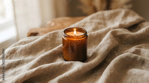 A burning scented candle in a brown glass jar placed on a soft cozy beige linen blanket
