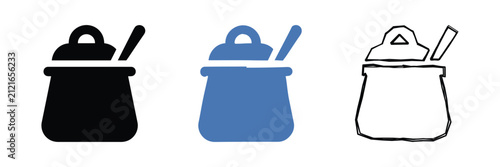 Bild auf Leinwand A collection of three distinct icons representing a sugar bowl with a spoon, sho