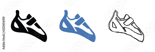 Collection of stylized climbing shoe graphics in black, blue, and outline styles, perfect for adventure sports branding
