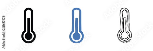 Three distinct thermometer icons, including a solid black, a blue outline, and a sketch style, representing temperature measurement and scientific tools