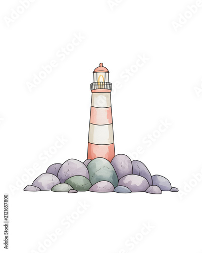Coastal Lighthouse with Shining Light Beam Watercolor Clipart