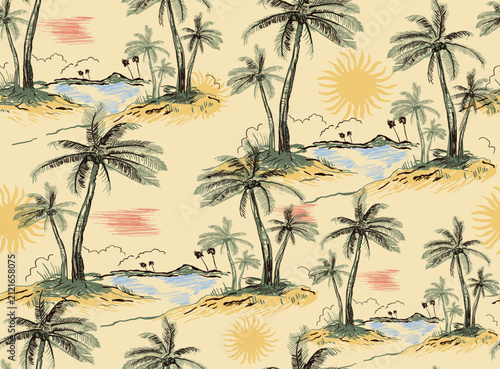 Tropical Palm beach Seamless print. Summer Beach Graphic printed fabric. palm tree Seamless Pattern Design. Hand drawing Patterns. Vector beach pattern  