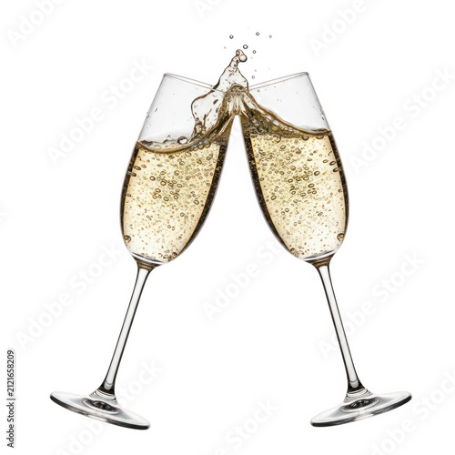 Two champagne flutes clinking celebration toast