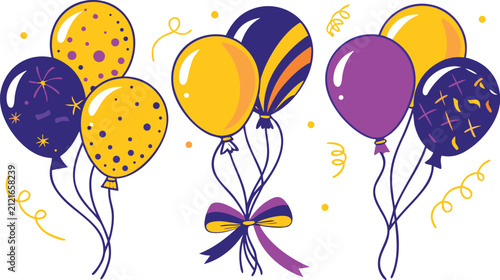 Festive balloons in yellow and purple colors with confetti and ribbons, isolated on a white background, for birthday celebration