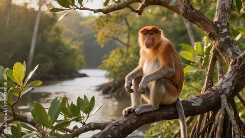 Adult Proboscis Monkey Resting on Mangrove Tree in Natural Habitat