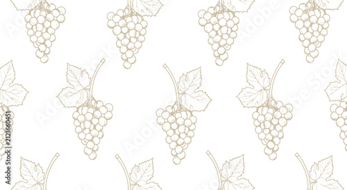 Elegant seamless pattern of white grape clusters and vine leaves illustration on clean background for winery branding restaurant decor or food textile design.