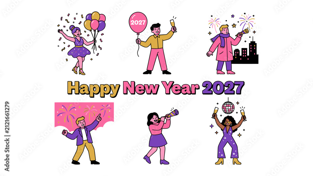 Fototapeta premium New Year Celebration 2027: A vibrant collection of illustrated figures revels in the festive spirit of New Year's Eve, complete with balloons, confetti, sparklers, and champagne.