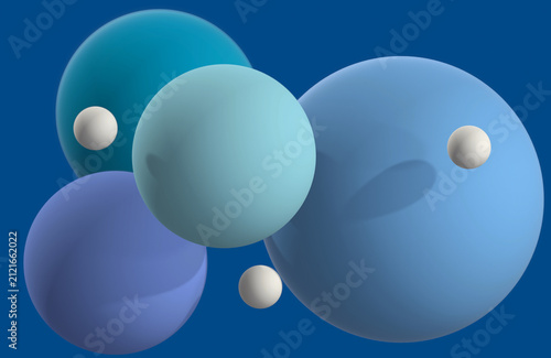 3D Abstract Composition with Floating Blue and White Spheres on Dark Blue Background