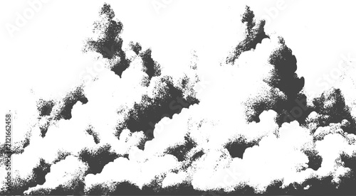 Black and White Vintage Cloud Vector Set, Engraved Stipple Texture with Retro Halftone Shading and Detailed Linework.