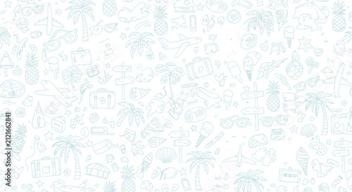 Travel doodle pattern light blue background seamless summer vacation objects set airplane suitcase palm tree pineapple beach theme decorative wallpaper.