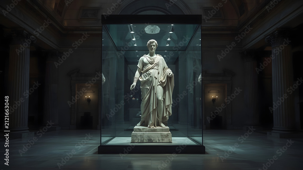 Fototapeta premium A classical marble statue of a robed woman stands in a glass display case within a grand, dimly lit museum hall.