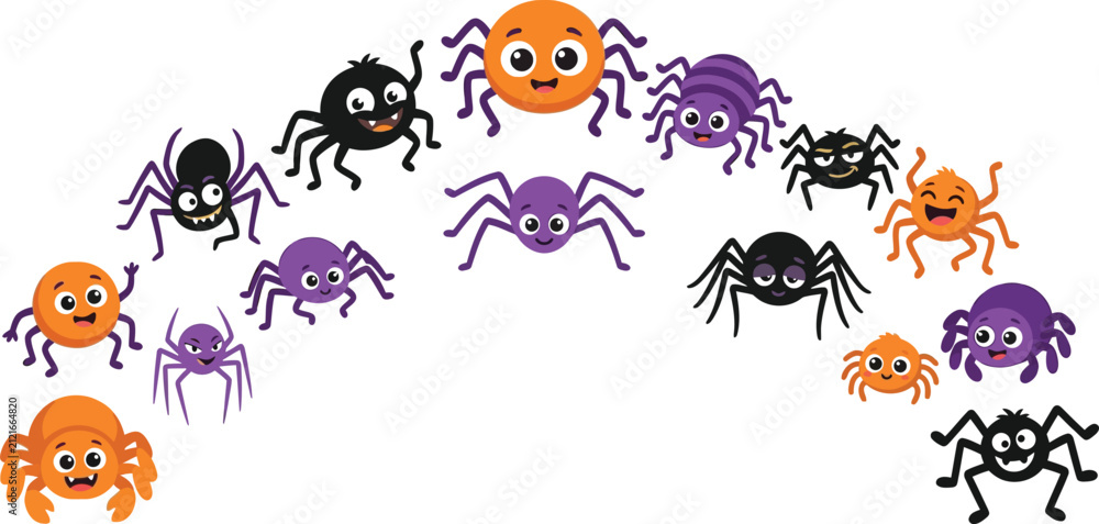 Obraz premium A collection of cute colorful cartoon spiders arranged in an arch for a fun happy halloween day celebration design