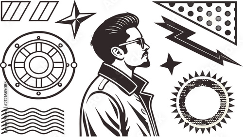 Quadro su tela Of a man in profile wearing sunglasses, surrounded by abstract geometric shapes