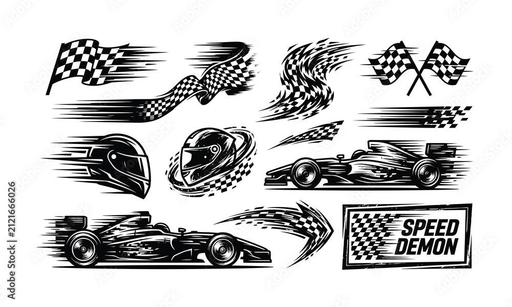 Fototapeta premium Racing Speed Elements, Formula 1 Cars, Helmets, and Checkered Flags Vector Set. Dynamic Motion Graphics for Motorsport Design.