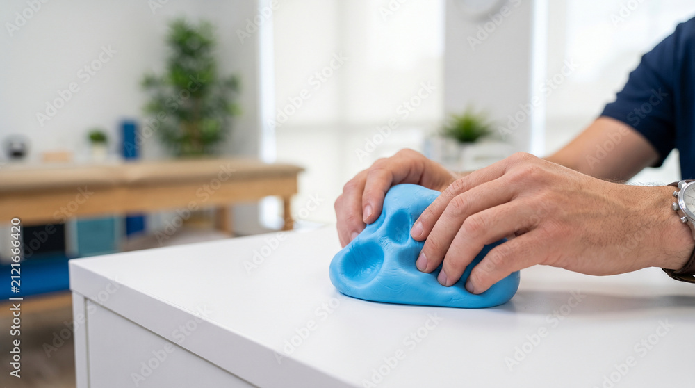 Fototapeta premium Physical therapist holding blue therapeutic putty for hand rehabilitation on white desk