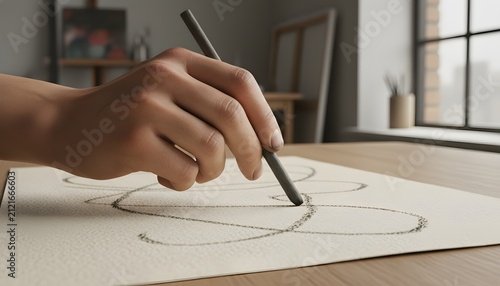 Close up of a left handed person drawing with charcoal pencil on textured paper inside a bright art studio for International Left-Handers Day art creative concept