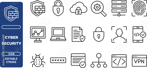 Cyber Security Editable Stroke Line Icons Set