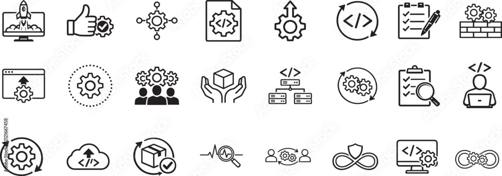 Foto DevOps solid vector icon set for software development, deployment, testing, monitoring and automation