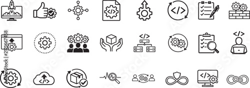 Foto DevOps solid vector icon set for software development, deployment, testing, monitoring and automation