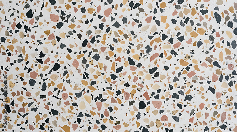 Fototapeta premium White terrazzo surface with pink black tan and grey aggregate chips texture background