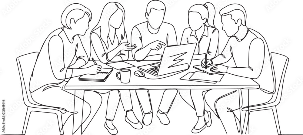 Fototapeta premium Group of people working together at a table line drawing