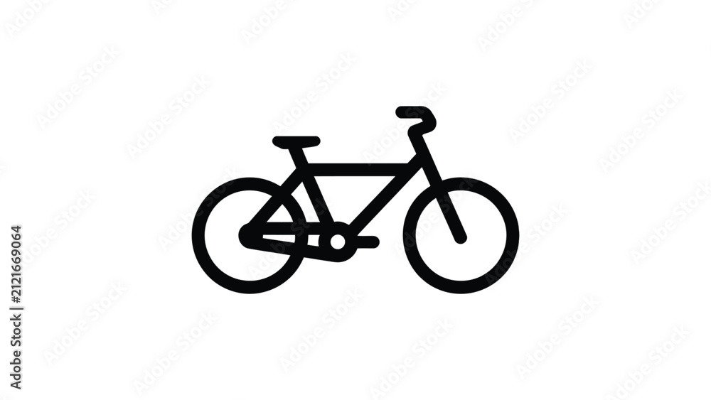 Obraz premium Simple bicycle outline icon with frame, wheels, seat, handlebars, and pedal mechanism isolated on white background representing cycling, eco transport, fitness, and sustainable travel concepts