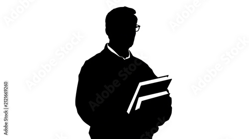 Silhouette of a man wearing glasses and holding two books, standing against a white background. The man is dressed in a collared shirt and a sweater