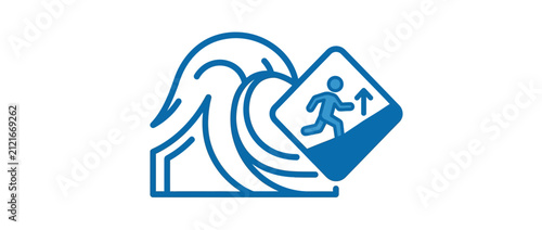 Obraz na płótnie Blue Tsunami Warning Sign with Big Wave and Evacuation Route Symbol for Natural