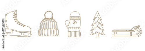 Set of winter leisure activity icons in beige outline, including ice skate, knitted hat, mitten, Christmas tree, and sled.
