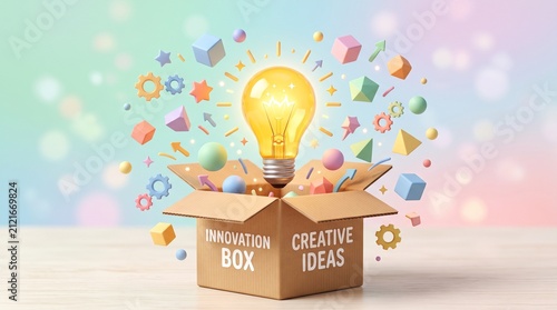 Unboxing the vibrant concept of innovation, where brilliant ideas and creative thinking burst forth from a symbolic box of inspiration and development