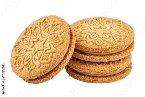 Stack of Golden Brown Patterned Sandwich Biscuits with Cream Filling