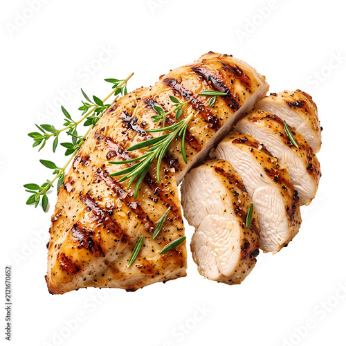 Delicious grilled chicken breast fillet sliced with fresh green herbs