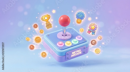 Vibrant retro arcade joystick with glowing virtual coins and achievement awards, symbolizing engaging digital entertainment and exciting gaming rewards