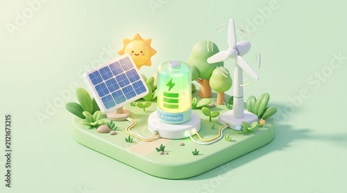 Vibrant 3D illustration of sustainable energy and eco-friendly power concept. Solar panels, wind turbine, and battery depict a greener future