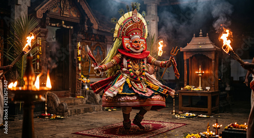 Traditional Theyyam ritual performance showcasing sacred dance, vibrant ceremonial costume and ancient cultural heritage of Kerala India