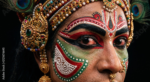 Intricate Kathakali facial makeup highlighting traditional Kerala performing arts, vibrant colors and extraordinary artistic craftsmanship